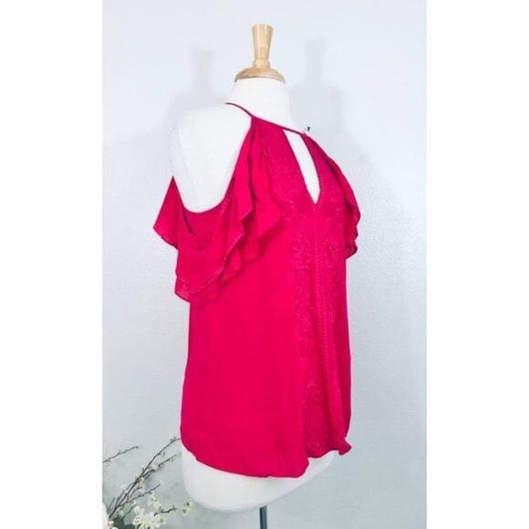 Parker‎ Top Embroidered Cold Shoulder High-neck Flutter Blouse, M - Picture 6 of 14
